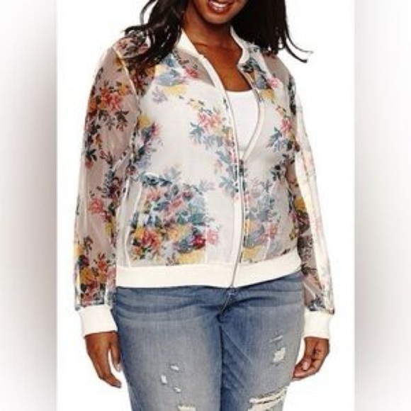 Ashley Nell Tipton Jackets & Blazers - Ashley Nell Tipton Cream Bomber Jacket Ribbed 
Floral Cottagecore plus size 3X